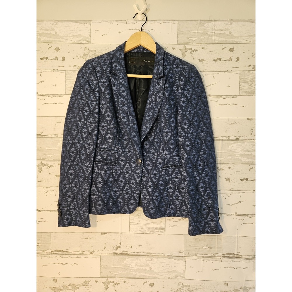 Zara Basic Blue Geometric Jacquard Single Button Blazer Jacket Womens Small